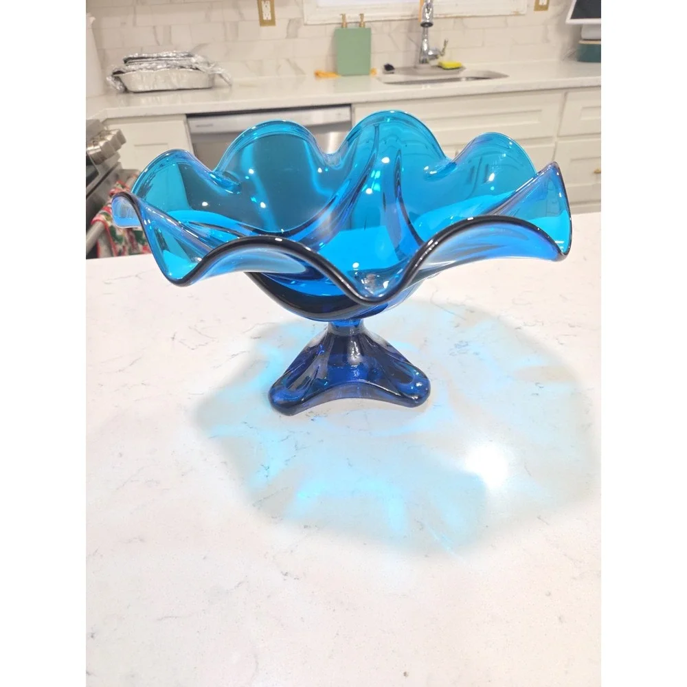 Viking Bluenique Crimped Rim Pedestal Compote Vintage